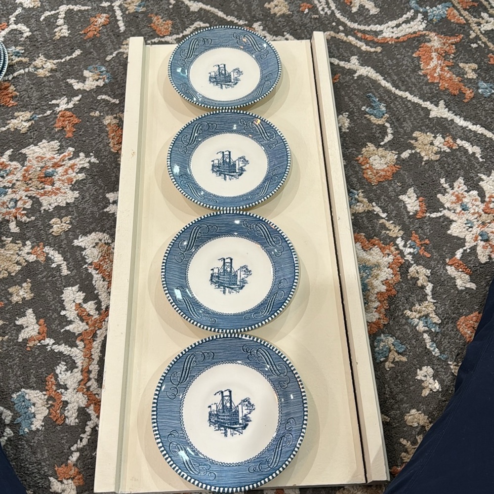 4 Currier & Ives‎ Royal Blue Harvest Steam Boat Saucer Plate 6 "Vintage No chips
